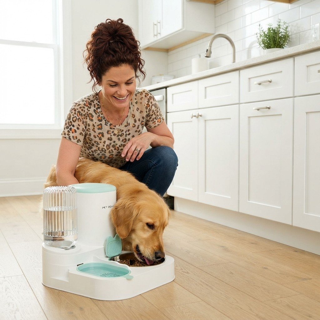 Cane che si nutre felice dal distributore PetVibe